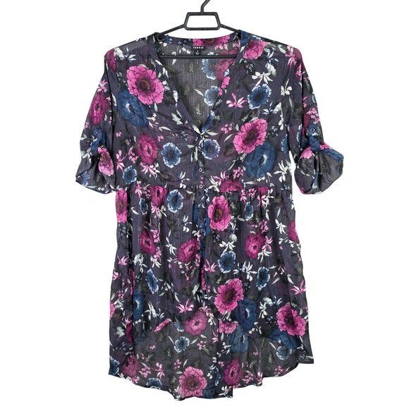 torrid Tops - Womens Torrid Black Pink & Metallic Gold Flowy Hi Lo Top Button Up V Neck Size 2